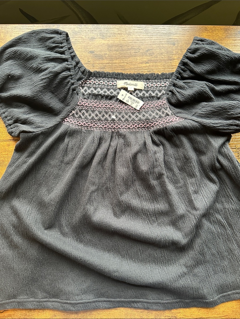 Madewell Black Puff-Sleeve Smocked Square-Neck Top with Pink Embroidery XS